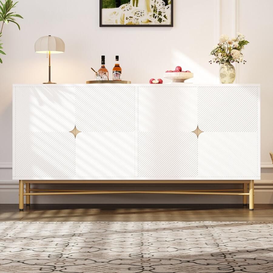 Wit 160 cm sideboard met verhoogde structuur vier deuren met gouden gepolijste grepen en hoogglans poten 160×40×82 cm