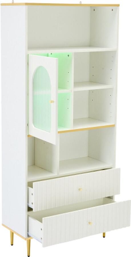 Zonder merk Gotagee Wit Boekenkast met LED-Verlichte Vitrines Glazen Deuren 5 Open Vakken en 2 Laden