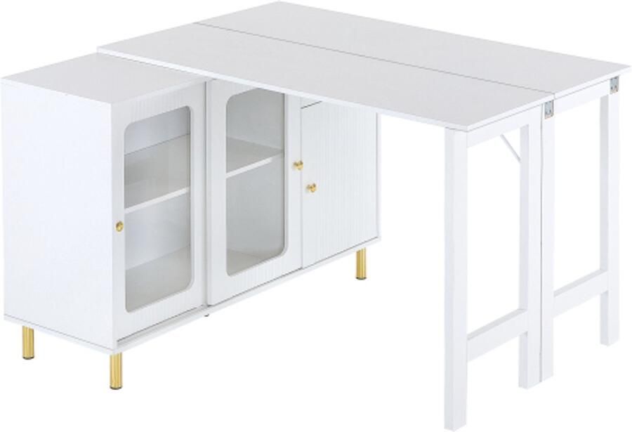 GOTAGEE wit buffet dressoir met opvouwbaar en uitschuifbaar tafelblad draaibaar oppervlak gouden metalen poten glazen schuifdeuren en golfpatroon
