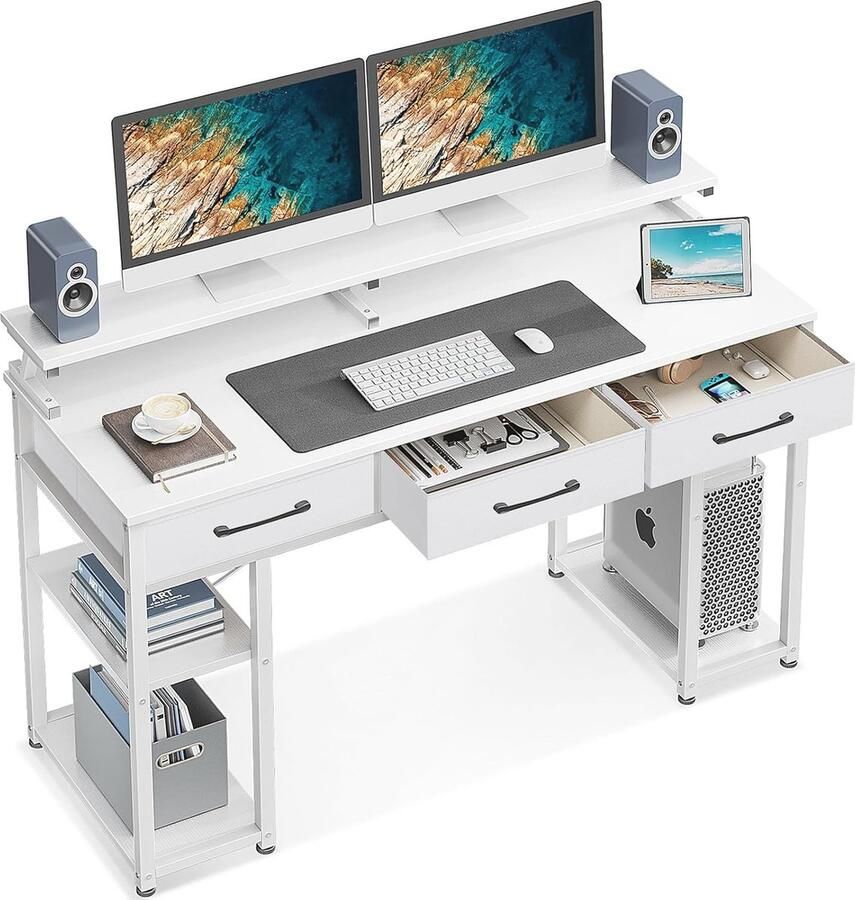 Wit Bureau met 3 Laden en Monitorstandaard 120x50x90 cm Ideaal voor Thuiswerk en Gaming