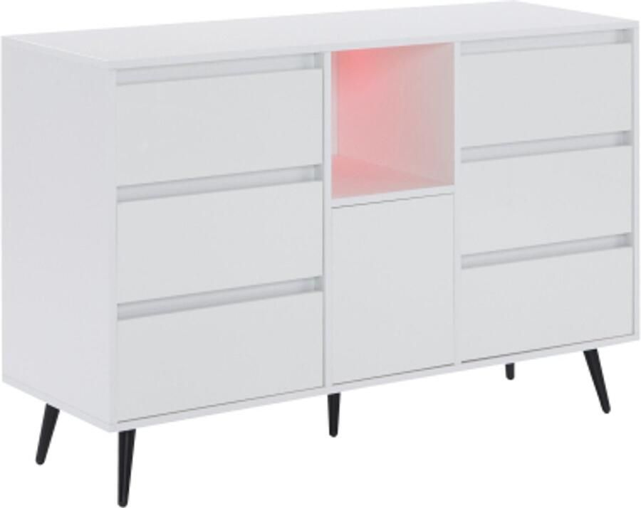 GOTAGEE wit dressoir met ledverlichting 6 laden push-open deuren hoogglans afwerking metalen poten 120x40x80 cm voor keukens eet- en woonruimtes