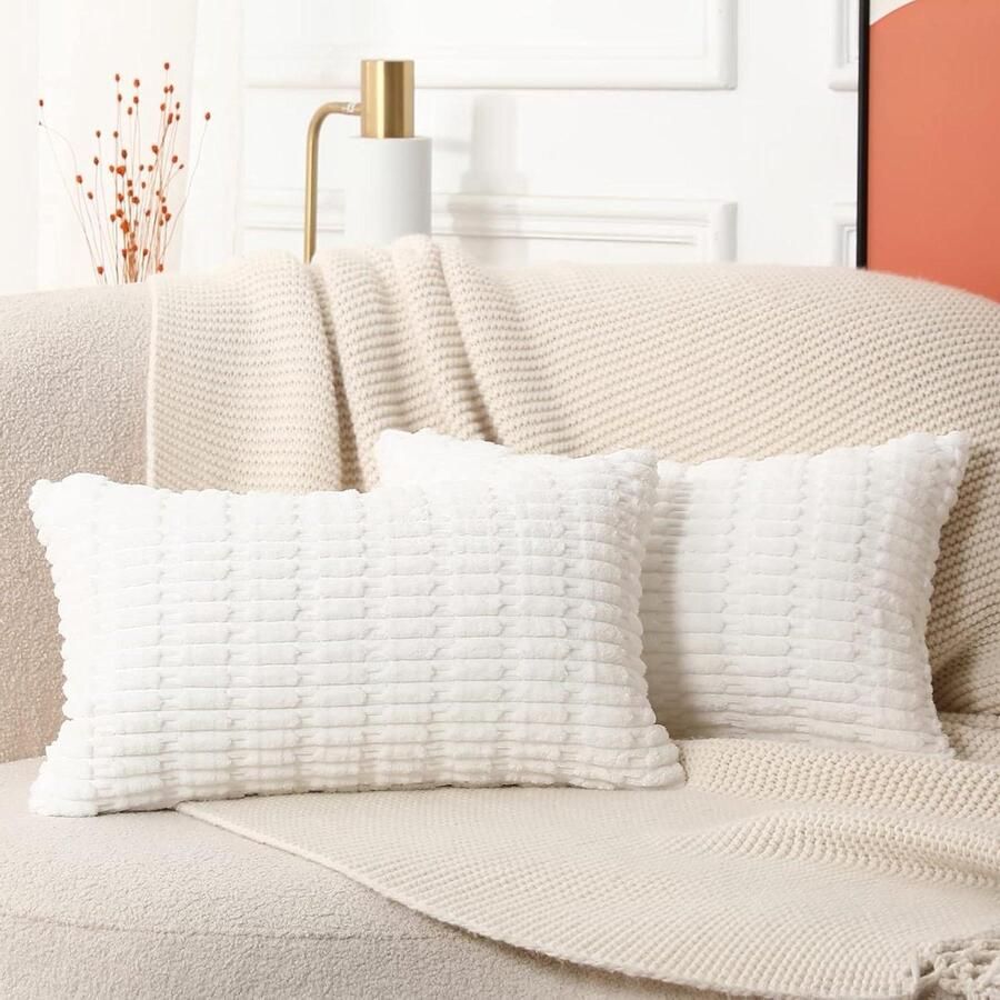 Wit gestreepte corduroy boho kussenslopen Set van 2 30 x 50 cm super zacht decoratief rechthoekig pluche voor bank en slaapbank boerderij kussensloop 30x50