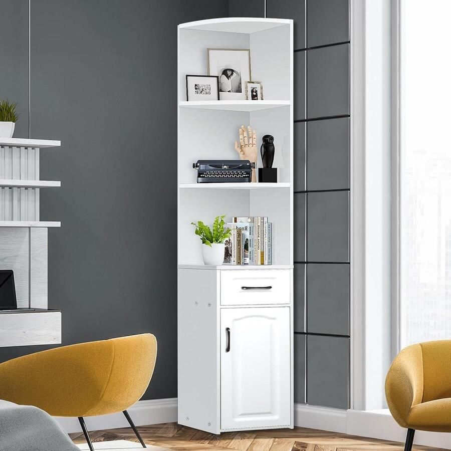 Wit hoekrek boekenkast 5 verdiepingen 30x30x180 cm met lade voor woonkamer en slaapkamer