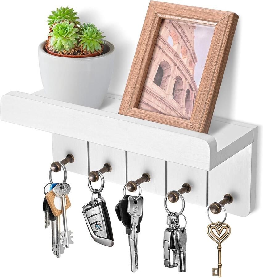 Wit houten sleutelrek met plank en 5 haken decoratief wandrek voor entree hal keuken en slaapkamer