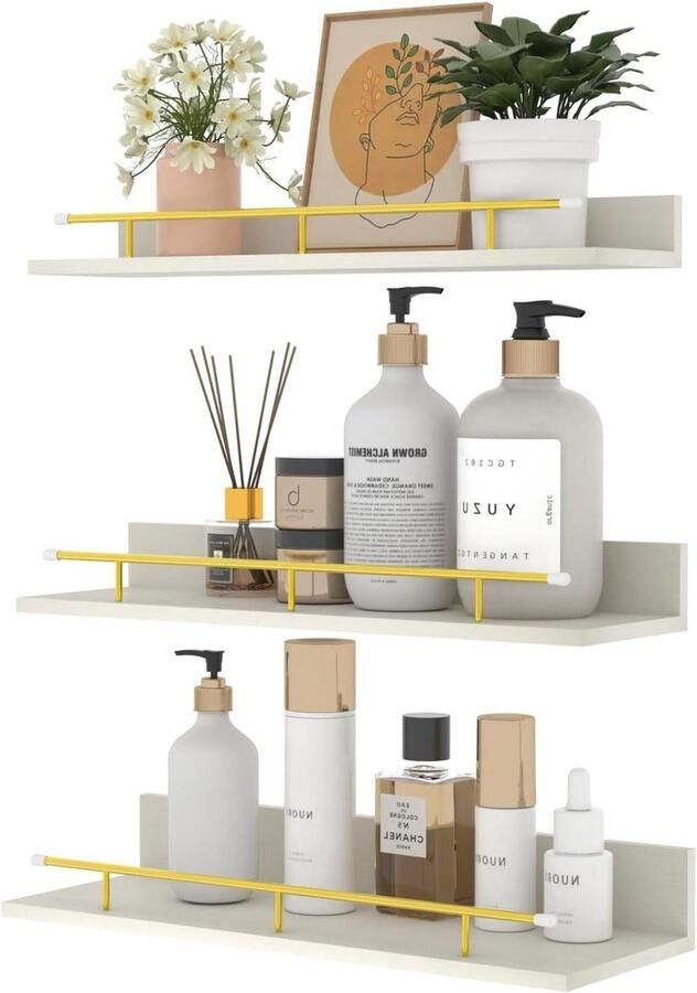 Wit houten wandrek klein zwevend rek fotolijst met gouden metalen leuningen voor woonkamer keuken kinderkamer slaapkamer of kantoor 3 stuks met verschillende maten - Foto 2