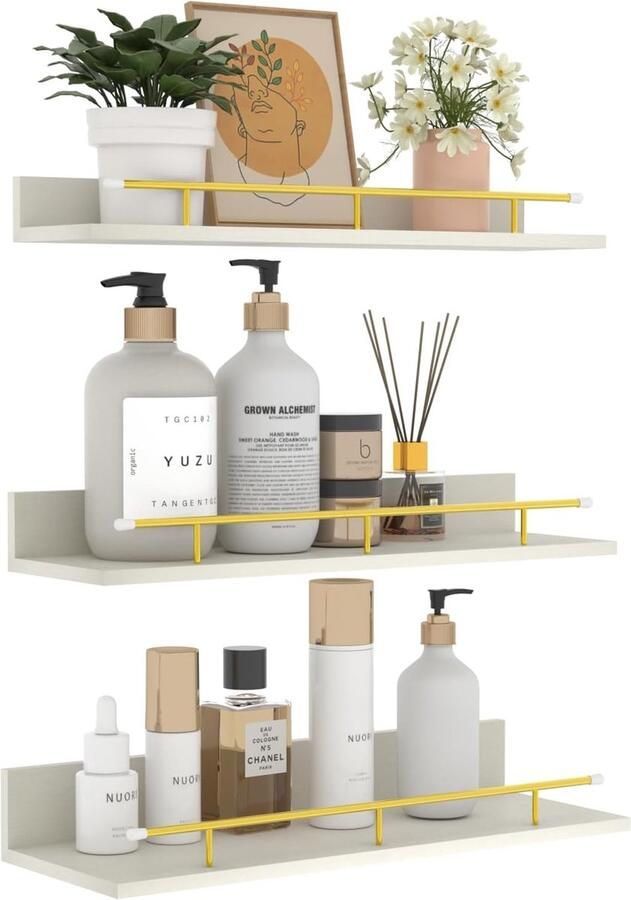 Wit houten wandrek klein zwevend rek fotolijst met gouden metalen leuningen voor woonkamer keuken kinderkamer slaapkamer of kantoor 3 stuks met verschillende maten