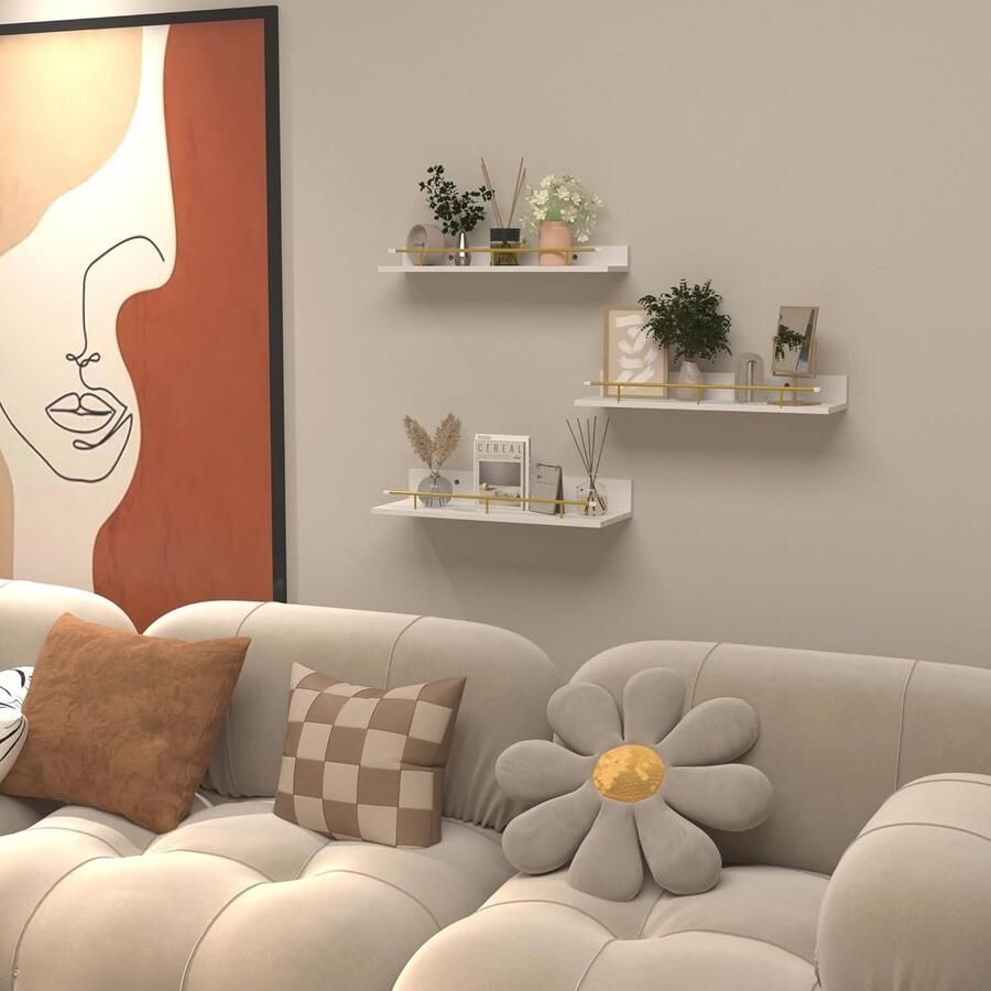 Wit Houten Wandrek met Gouden Leuningen Zwevend Fotolijstje voor Woonkamer Keuken Kinderkamer en Slaapkamer Set van 3 Maten - Foto 2