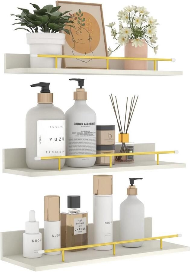 Wit Houten Wandrek met Gouden Leuningen Zwevend Fotolijstje voor Woonkamer Keuken Kinderkamer en Slaapkamer Set van 3 Maten