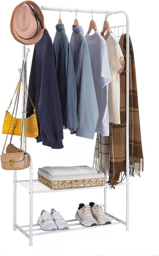 Wit kledingrek kapstok kledingroede vrijstaand kledingrek kledingkast met schoenenbank metalen kledingroede voor hal slaapkamer entree woonkamer