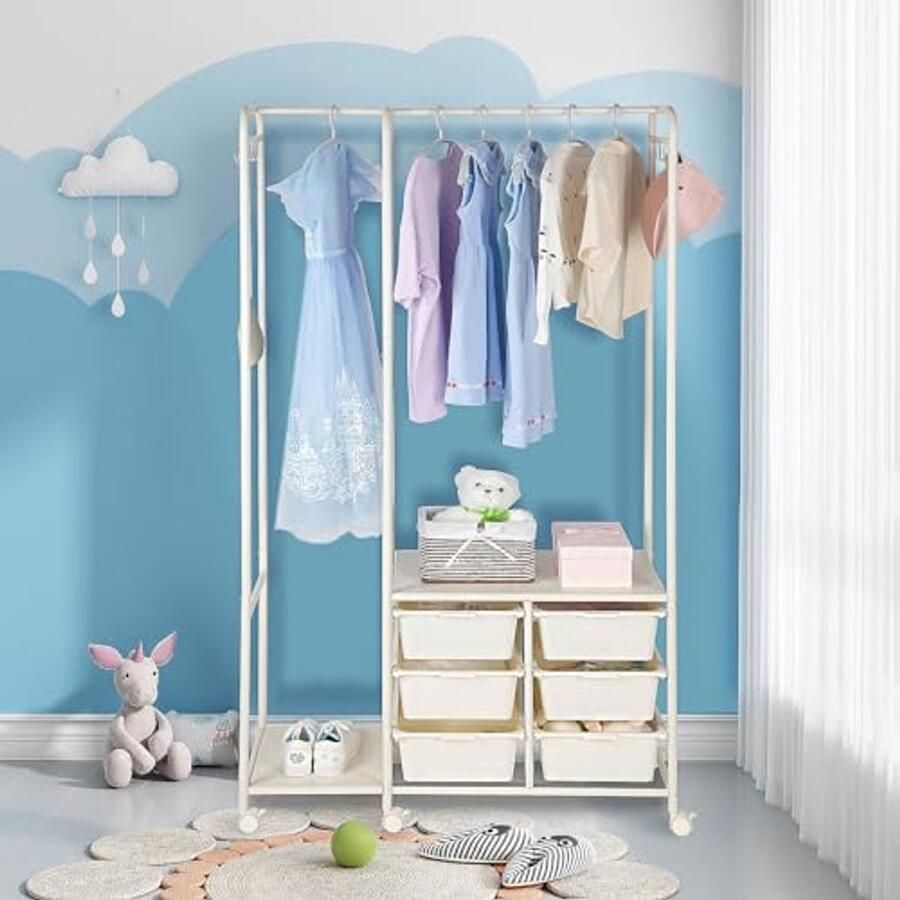 Wit kledingrek met wielen en 6 laden voor de slaapkamer