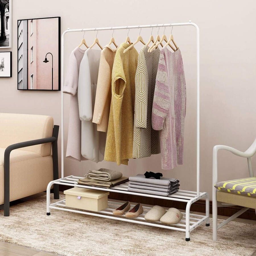 Wit kledingrek vrijstaande kleerhanger multifunctionele slaapkamer kledingrek slaapkamer 2 metalen planken 110x 45 x 152 cm (B x D x H)