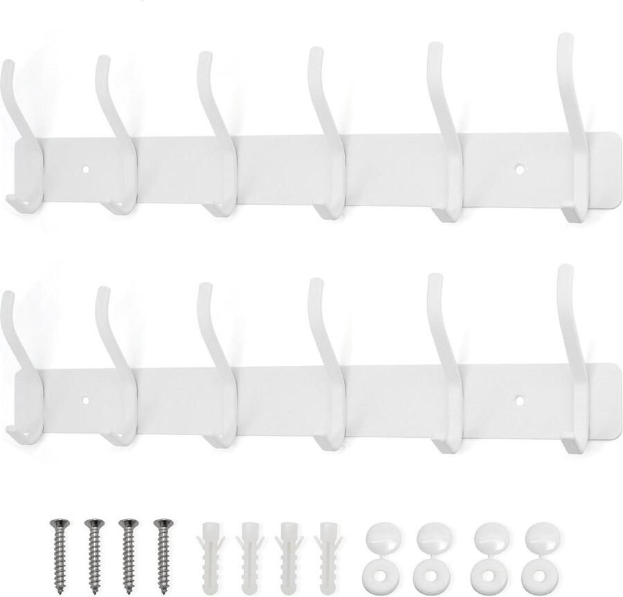 Wandkapstok mat wit zware metalen lijst 6 haken voor slaapkamer 2 stuks