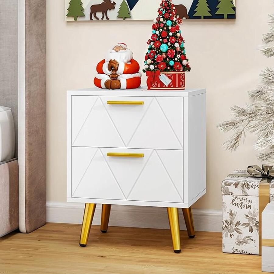 Wit nachtkastje met 2 laden USB-poorten & stopcontacten Gouden metalen poten 40x30x52 cm