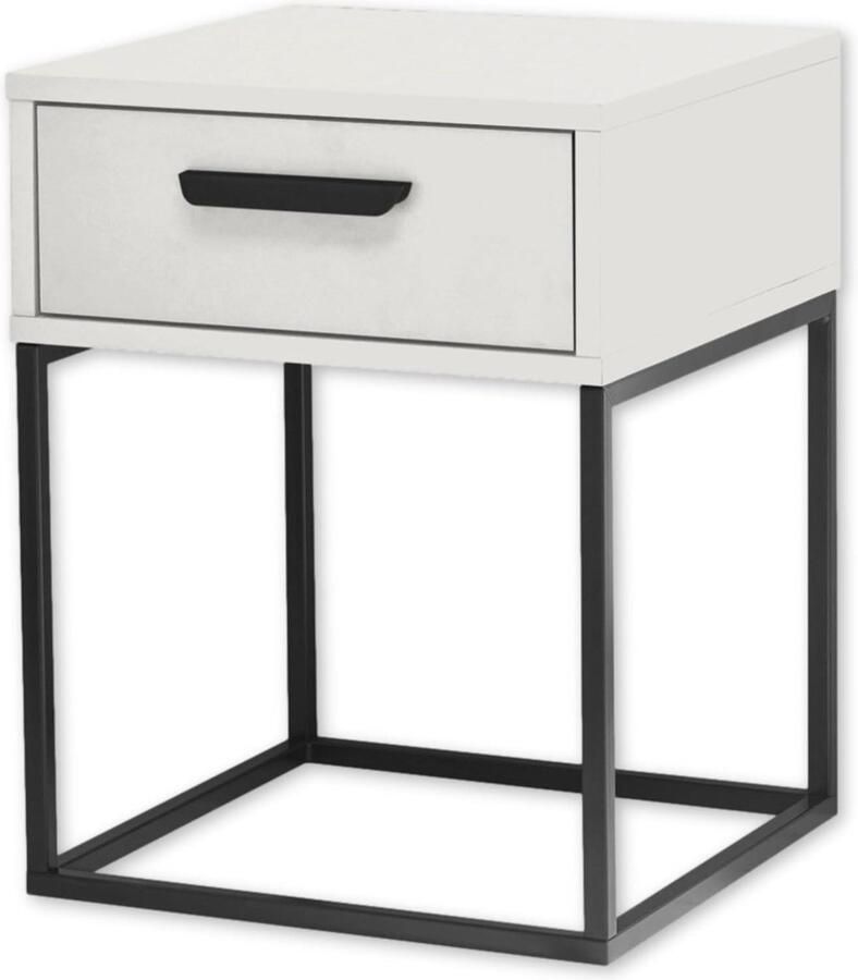 Wit Nachtkastje met Lade en Zwart Metalen Frame Moderne Stijl Afmetingen 40 x 52 x 385 cm nachtkastje zwart 60 cm hoog