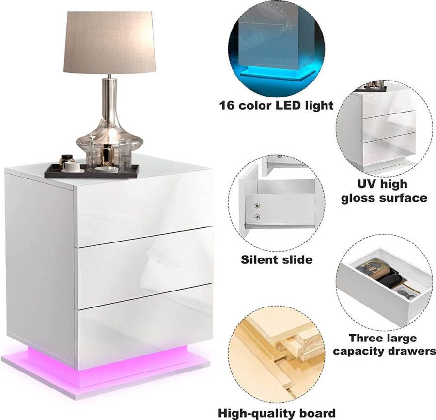 Wit Nachtkastje met LED Licht en 3 Lades voor Opslag Nachtkastje Hoogglans Front Nachtkastje voor Thuis Woonkamer Slaapkamer Meubels