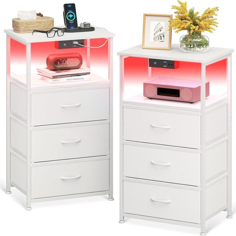 Wit nachtkastje met stopcontact 2 USB-poorten en LED-strip – 3 stoffen lades en 1 opbergruimte 40×30×70 cm set van 2