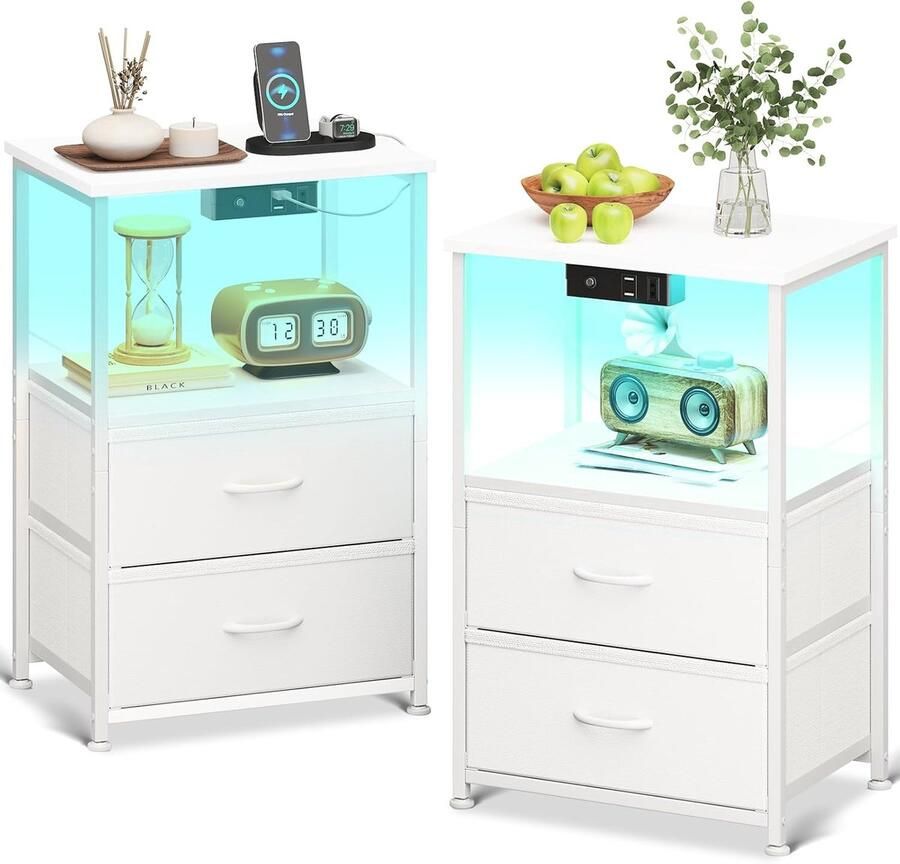 Wit nachtkastje set van 2 – 2 USB-poorten 1 stopcontact LED-strip 2 stoffen lades en 1 opbergruimte 40×30×60 cm