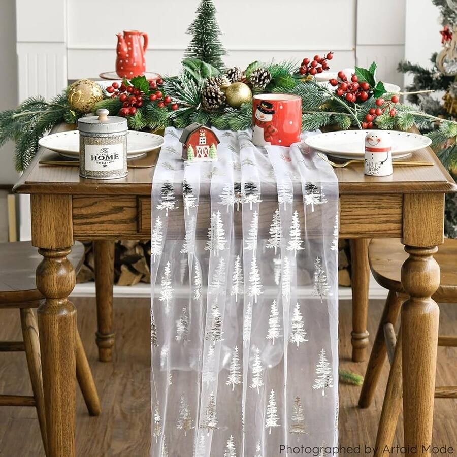 Wit zilveren bomen kerst gaas tafelloper 70x300 cm polyester