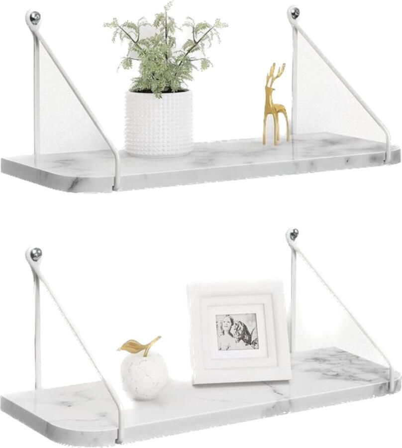 Wit Zwevende Planken Moderne Wandplank Unit voor Badkamer en Slaapkamer Opbergen en Organiseren Decoratieve Accessoires voor Woonkamer en Kantoor Thuisrek Marmer Effect Set van 2 Wandplanken & -rekken