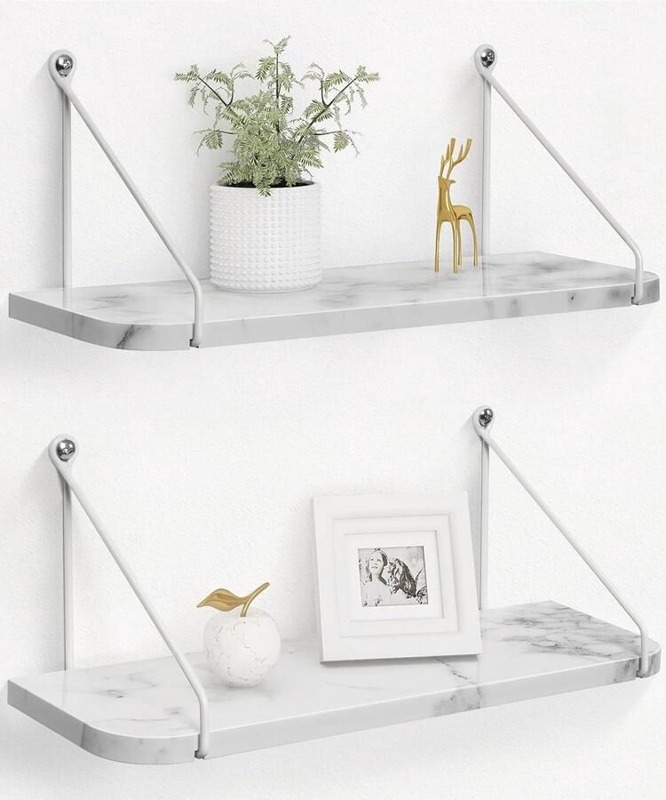 Wit Zwevende Planken Moderne Wandplank Unit voor Badkamer en Slaapkamer Opbergen en Organiseren Decoratieve Accessoires voor Woonkamer en Kantoor Thuisrek Marmer Effect Set van 2 Wandplanken & -rekken - Foto 2