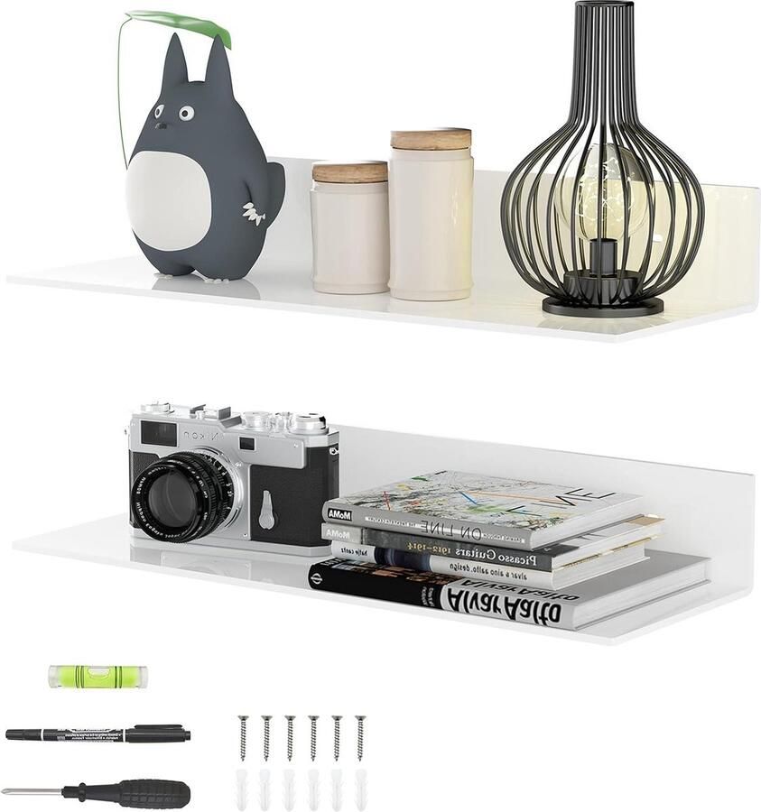 Witte acryl heen en weer bewegende planken Set van 2 43 cm Wandhangende badkamerplanken Keuken en woonkamer opbergrek Slaapkamer en badkamer Detailhandel en supermarkt opbergrek