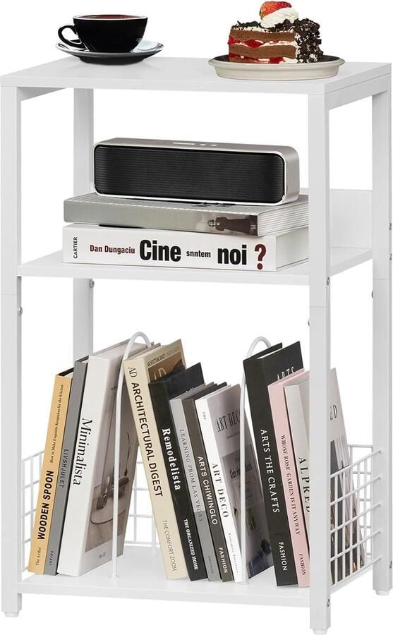 Witte bijzettafel Kleine bijzettafel met opbergvak 3-laags industrieel nachtkastje Vinyl platenspeler standaard moderne bank nachtkastje voor woonkamer slaapkamer
