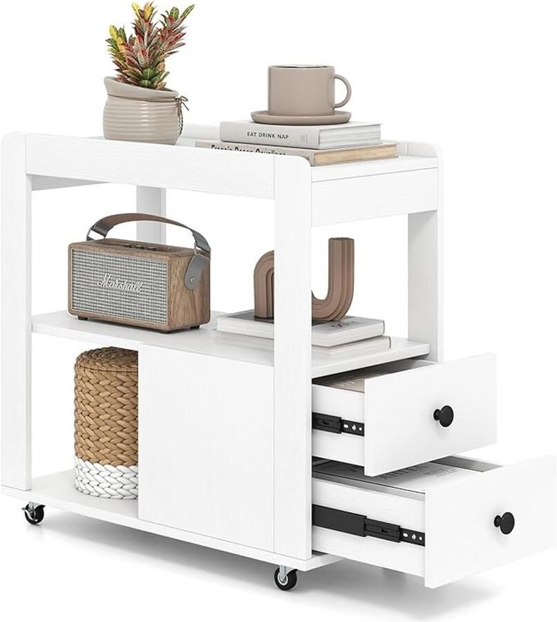 Witte Bijzettafel met Wieltjes en 2 Laden Smal Nachttafeltje met Open Opbergplank 65 x 30 x 63 cm