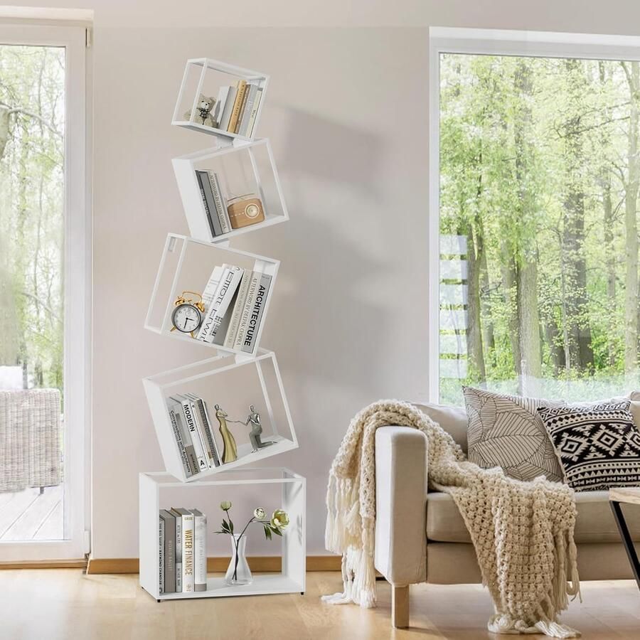 Witte Boekenkast 5 Niveaus Multifunctioneel Staand Rek voor Woonkamer en Slaapkamer