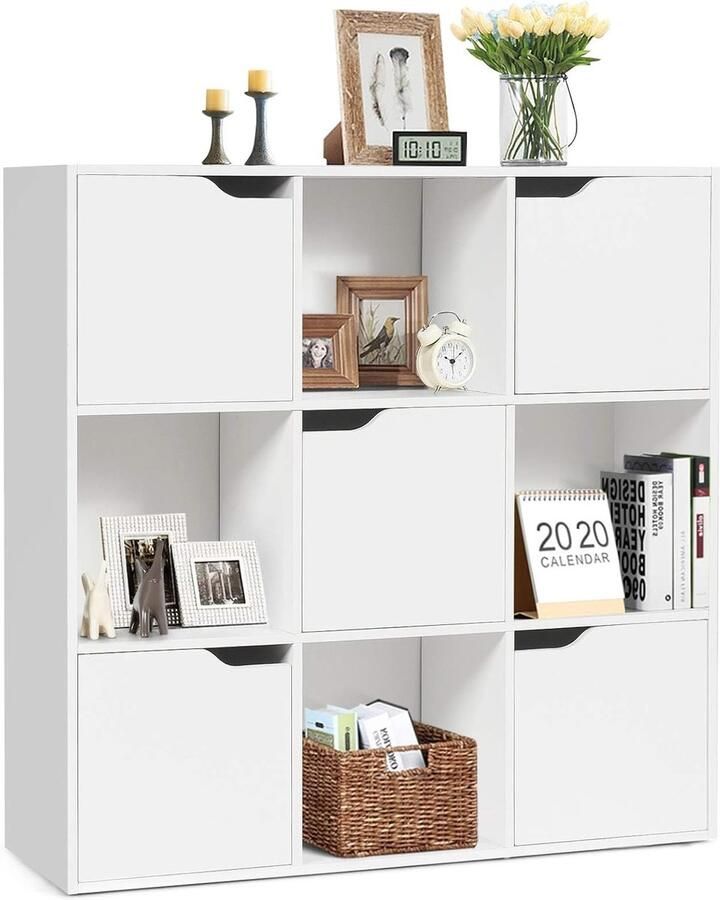 Witte Boekenkast met 9 Vakken en 5 Deuren – Houten Kubusrek met Kantelbeveiliging Voor Woonkamer of Kinderkamer (90 x 29 x 90 cm)