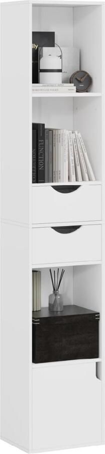 Witte boekenkast met opbergruimte – smalle plank met 3 open compartimenten 2 lades en 1 deur – 30x158x24cm