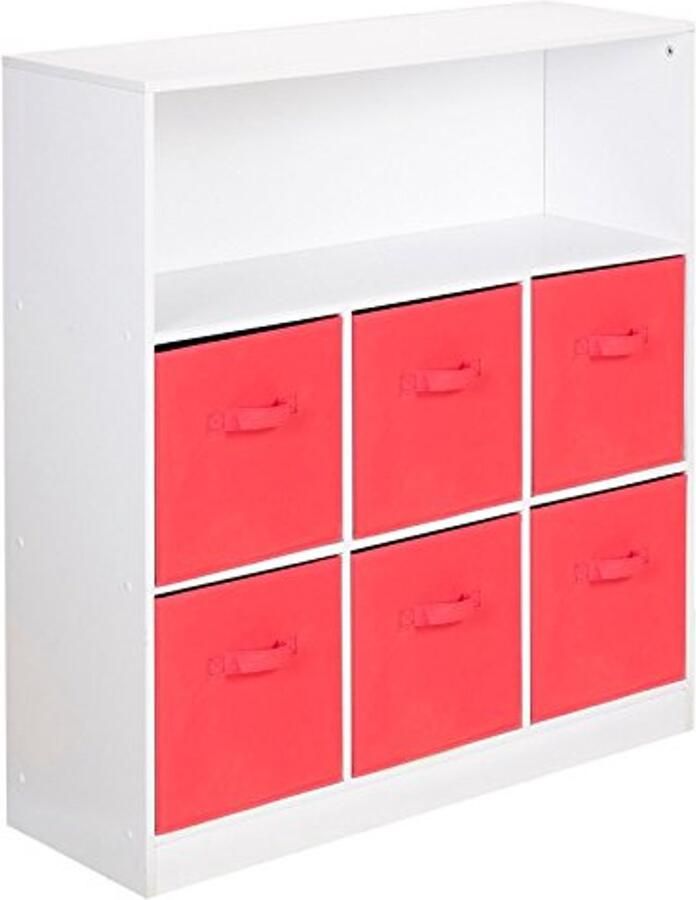 Witte brede 7 kubus boekenkast met 6 rode laden