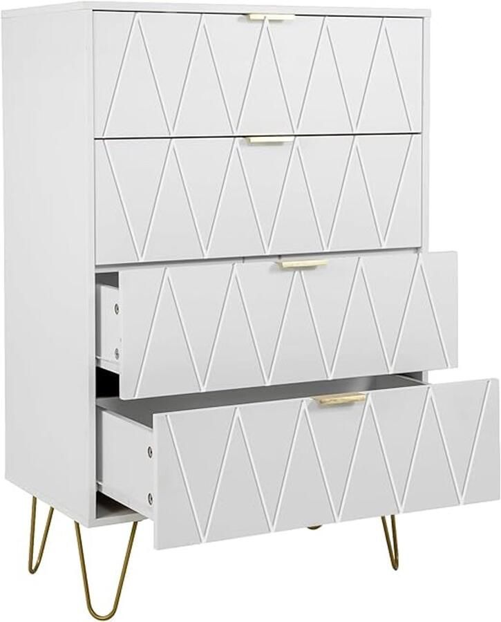 Witte Commode met 4 Laden en Goudkleurige Handgrepen Houten Opbergkast 60x34x91 cm
