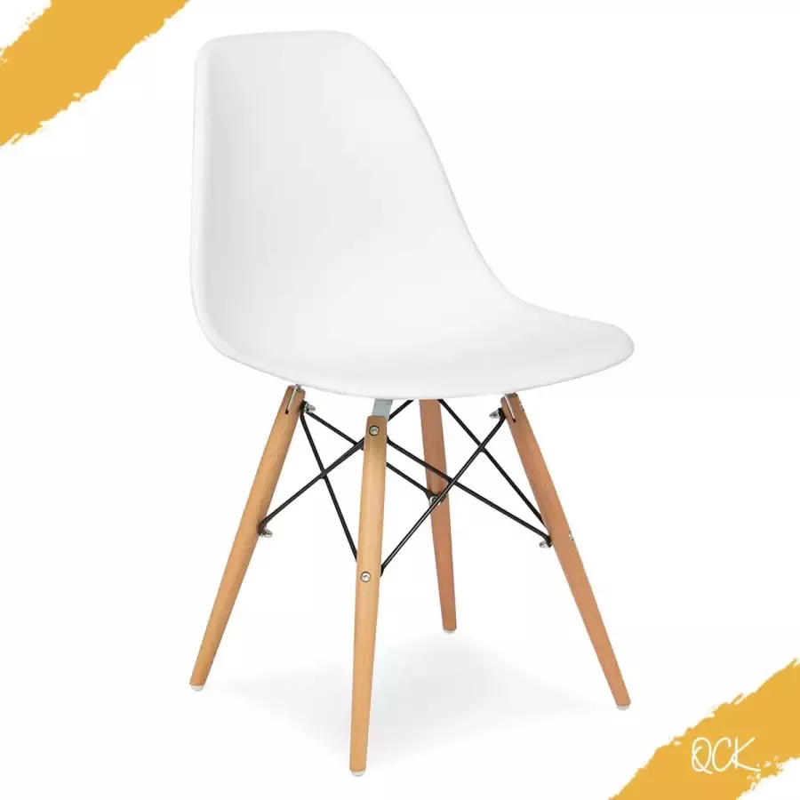 Witte Eetkamerstoelen (set van 6) Eetkamerstoel Scandinavische Stijl Set van 6 Kuipstoel Wit Plastic met houten poten en metalen steun