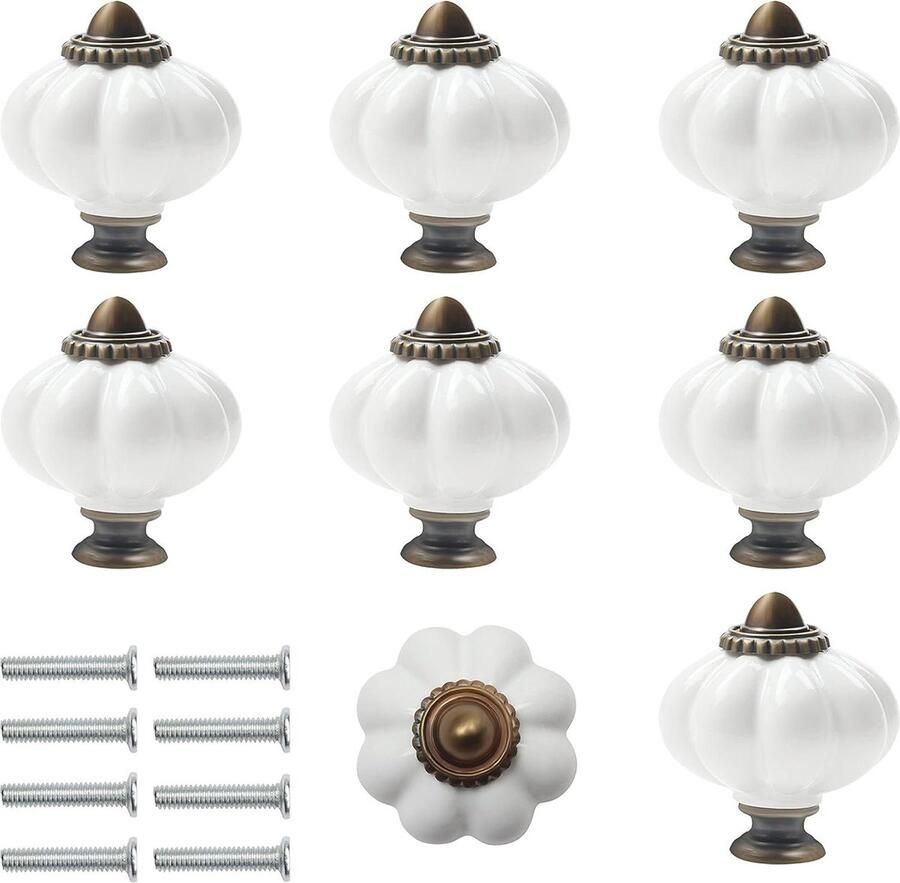 Witte en Bronzen Pompoen Keramiek Knoppen met Schroeven Set van 8 Vintage Trek Handvatten 34 x 38 cm Voor Huis & Kantoormeubels Keukenkast Lades & Kastdeuren