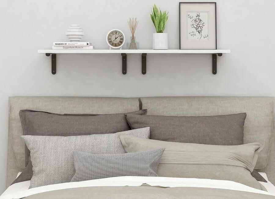 Zwevende planken witte en zwarte wandplank met massief hout metalen beugel voor slaapkamer woonkamer kantoor badkamer keuken opslag of displayplanken set van 2 - Foto 2