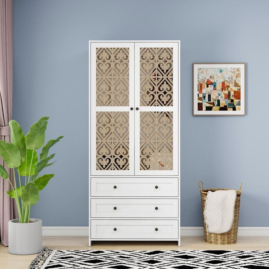 Re-purelife Moderne & Stevige Kledingkast 80x48x180cm – 1 Stuks – Boho Garderobekast met Rattan Details 3 Lades & Dubbele Deuren – Opbergkast met Aluminium Kledingroede – Voor Slaapkamer Woonkamer of Hal – Wit