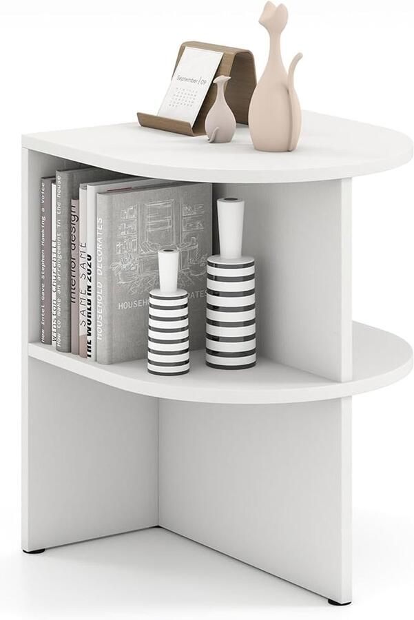 Witte halfronde bijzettafel 38x38x48 5cm Nachtkastje met open planken Banktafel voor kleine ruimtes