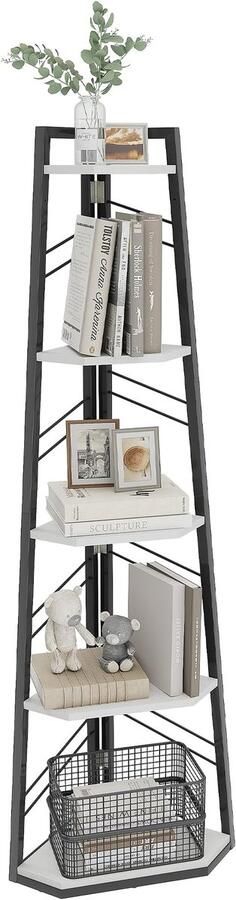 Witte hoekplank 5 niveaus Industriële boekenkast Houten ladderdesign voor woonkamer kantoor