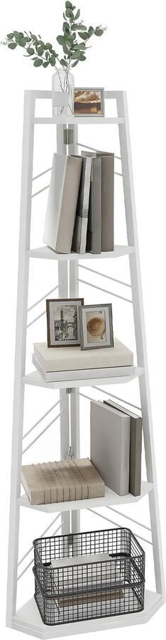 Witte hoekplank 5 niveaus Industriële boekenkast Houten ladderdesign voor woonkamer kantoor