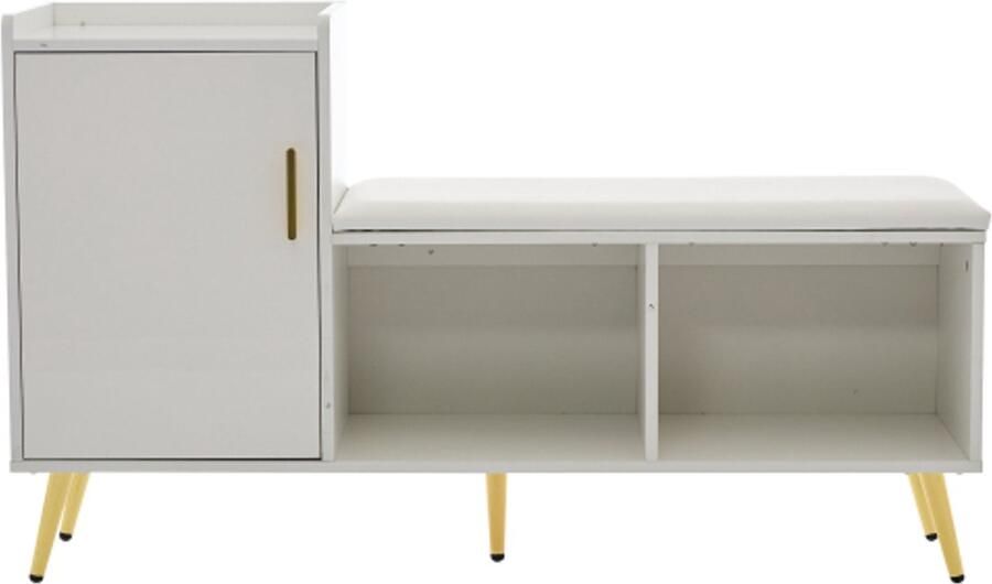 Witte hoogglans kastdeur met opbergruimte entree schoenenkast meerlaagse opbergruimte met gestoffeerde zitting schoenenwisselbank met kast gouden accessoires voor entree hal woonkamer slaapkamer garderobe
