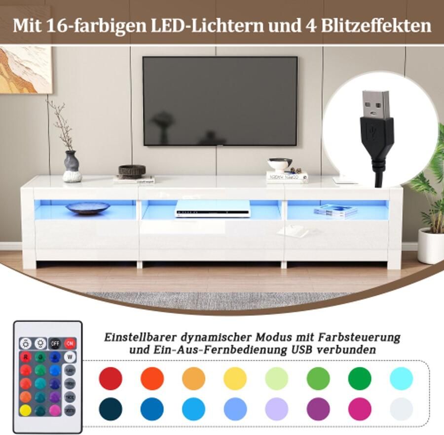 Steven witte hoogglans tv-kast met LED-verlichting en opbergruimte wit laag paneel biedt ruimte voor 80-inch-tv-onderkast met neerklapbare schrankdeur 190x24x40 cm