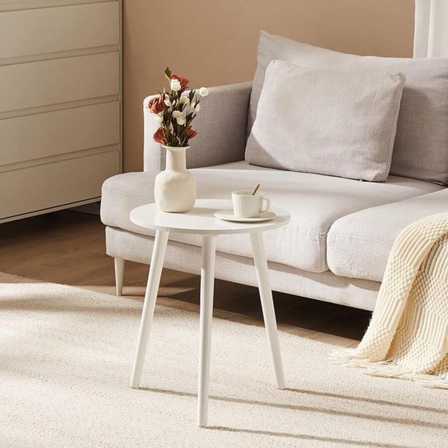 Witte houten bijzettafel Ronde salontafel Ø42x52cm Woonkamer en nachtkastje Sofatafel met dienblad Bloemenstandaard Robuust design