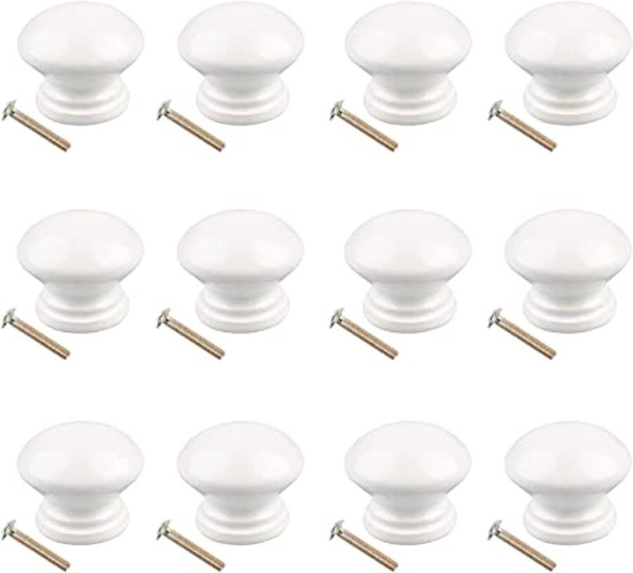 Witte Houten Ronde Knoppen voor Keukenkasten 12 Stuks incl. Schroeven