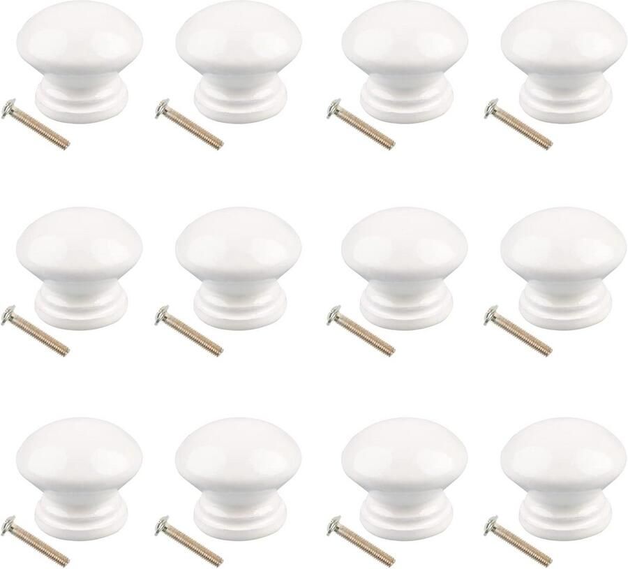Witte Houten Ronde Knoppen voor Keukenkasten 12 Stuks incl. Schroeven