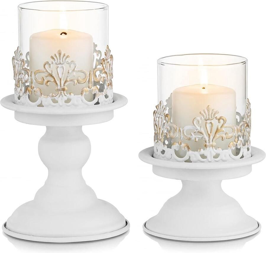 Witte Kaarshouder voor Pijler Kaars Verontruste Kandelaar Houder Metalen Orkaan Kaarshouders voor Verjaardag Pasen Bruiloft Betrokkenheid Baby Shower Kerst Tafel Centerpieces Decoratie