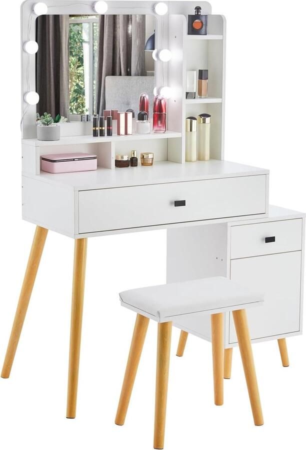 Witte kaptafel met Hollywood LED-spiegel en opbergruimte voor make-up en accessoires