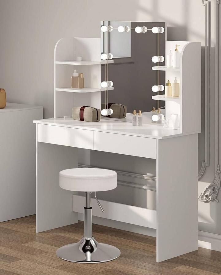 Rootz Living Rootz Witte Kaptafel met Kruk Make-up Vanity Schoonheidsbureau Verstelbare LED-verlichting Voldoende opbergruimte Duurzame constructie 108 cm x 142 cm x 40 cm