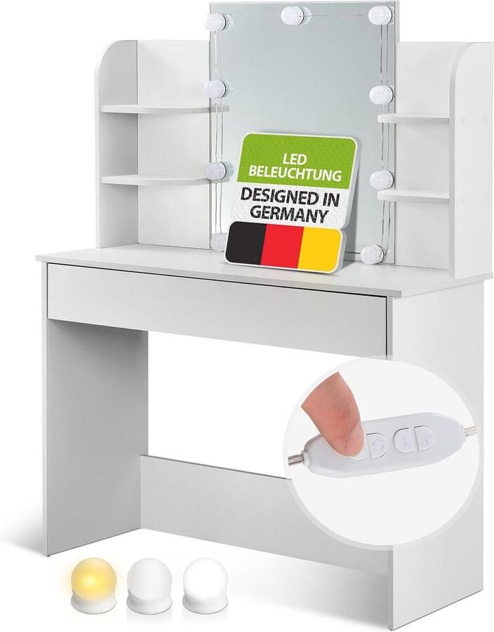 Witte Kaptafel met LED Verlichting en Spiegel Modern en Ruim