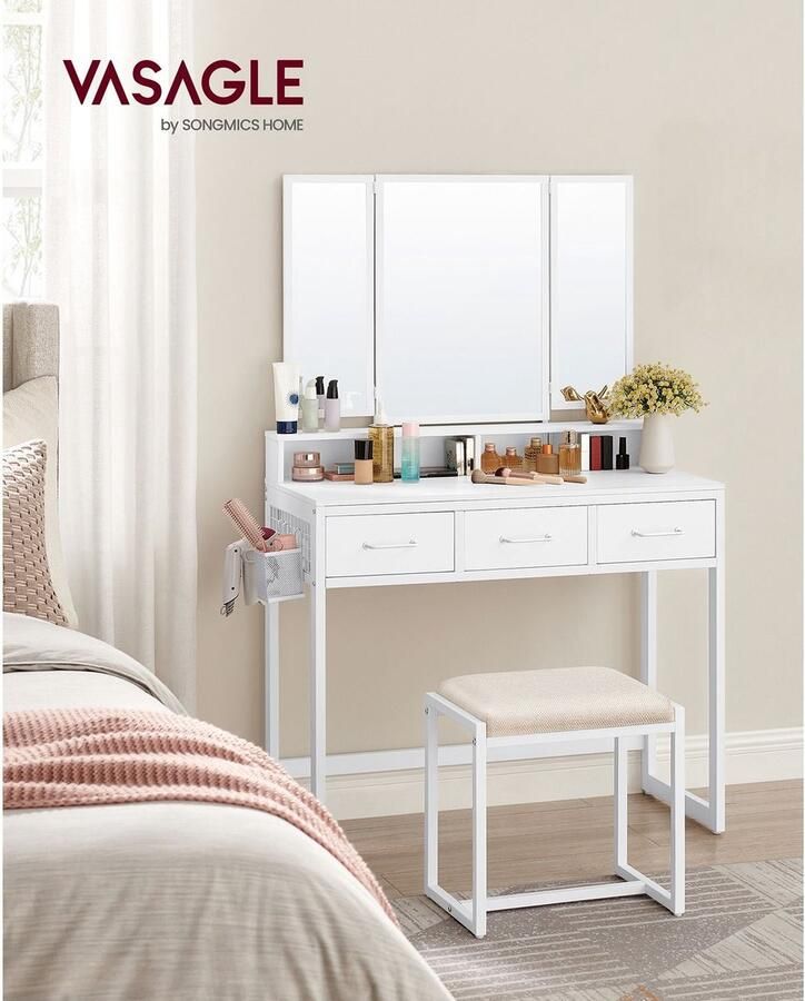 Witte Kaptafelset Kaptafel Make-uptafel Spaanplaat Staal Glas Kunstleer Schuimrubber 40 cm x 90 cm x 141 cm 28 6 cm x 42 cm x 42 5 cm 25 7 kg 150 kg maximale belasting Inclusief kruk en montagegereedschap