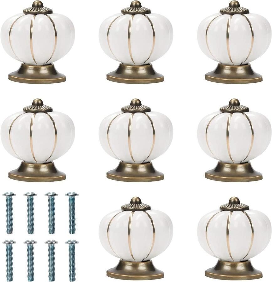 Witte Keramieken Knoppen met Gouden Accenten (8 Stuks) Ronde Vintage Trek Handvatten voor Meubels Geschikt voor Keukenkasten Laden & Kastdeuren 3 6 x 3 9 cm